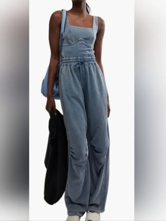 FREE PEOPLE MOVEMENT onesie Slate Blue Jumpsuit with Drawstring Boho Yoga - Picture 2 of 16